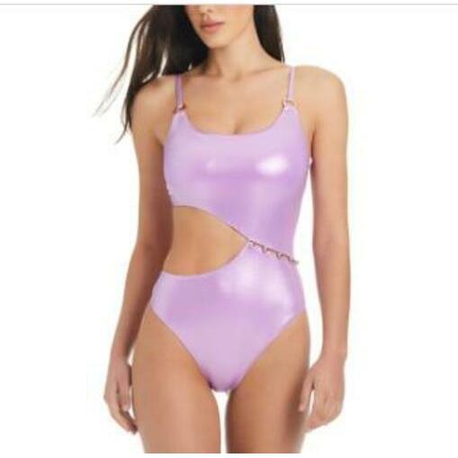 Red Carter Women's Purple Shimmer Asymmetric-Button One-Piece Swimsuit S